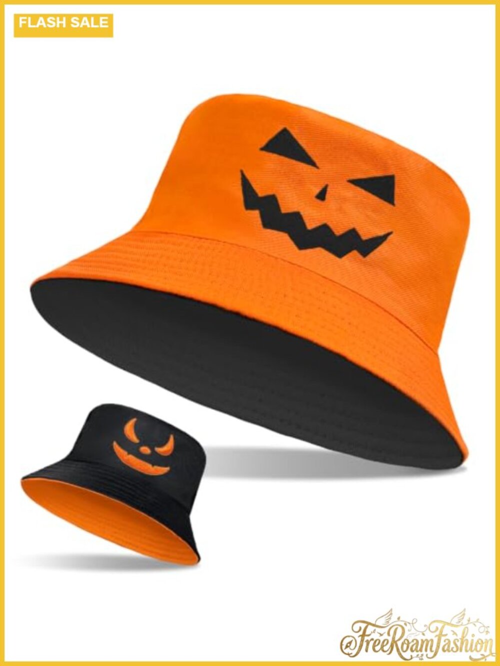 Reversible Pumpkin Bucket Hat Polyester-Cotton Blend Halloween